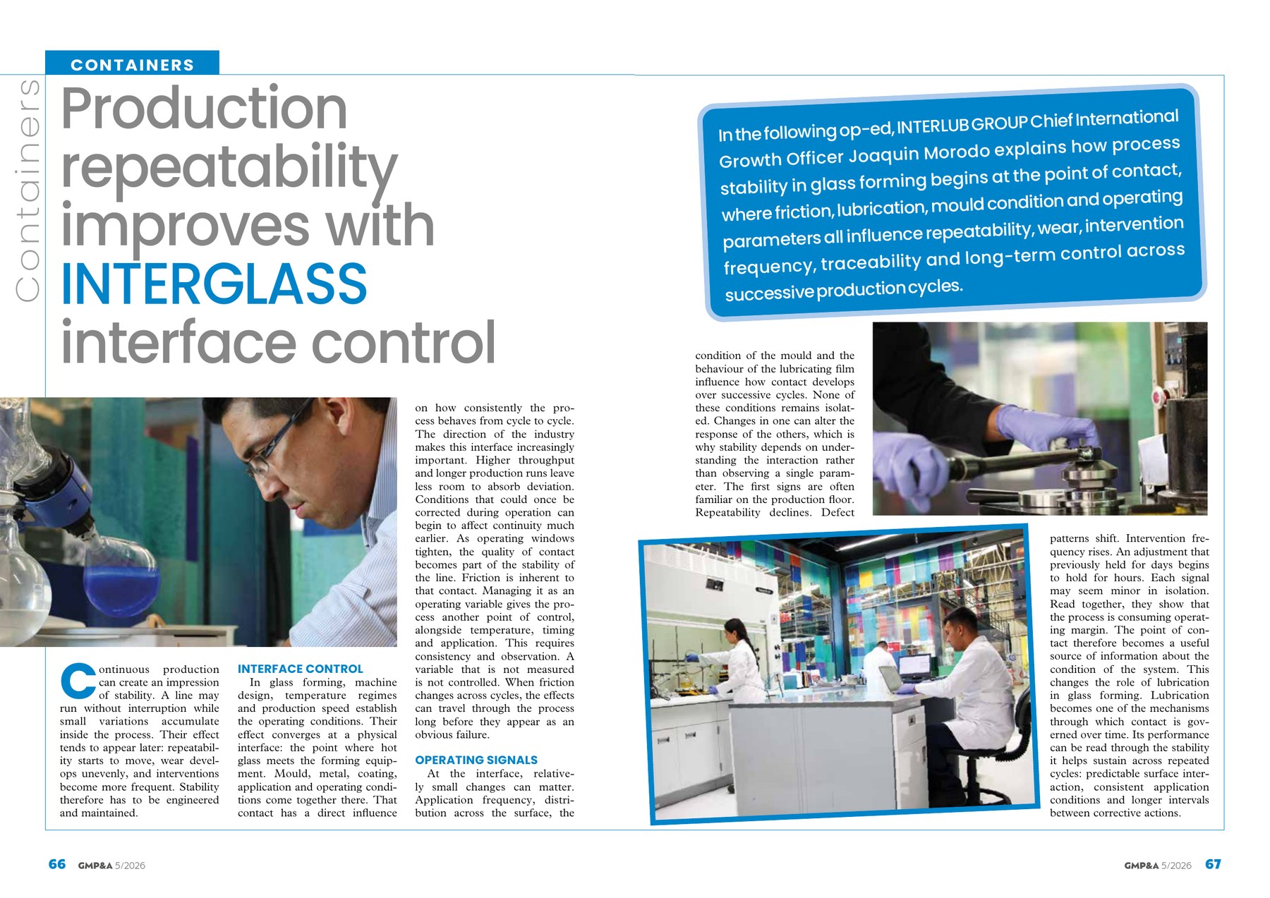 Glass Machinery Plants & Accessories 5/2026 pages 66 and 67 featuring Joaquín Morodo